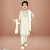 Off-white embroidered Chanderi Salwar Suit Set for girls, striped and knee-length top with churidar bottom, India origin