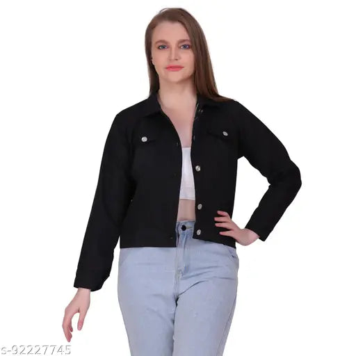 Long-sleeve cotton blend solid color jacket for women, available in sizes S, M, and L