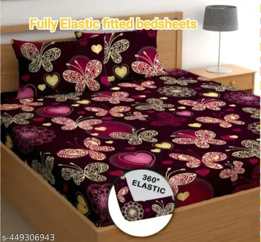 Multi-colored, 240TC cotton, elastic fitted double bedsheet (90x90in) with 2 pillow covers (17x26in), machine washable - Soniasaa Brand
