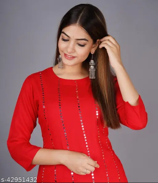 Red mirror embroidery rayon kurta set with sharara bottomwear, embellished net, three-quarter sleeves - authentic Jaipuri, India
