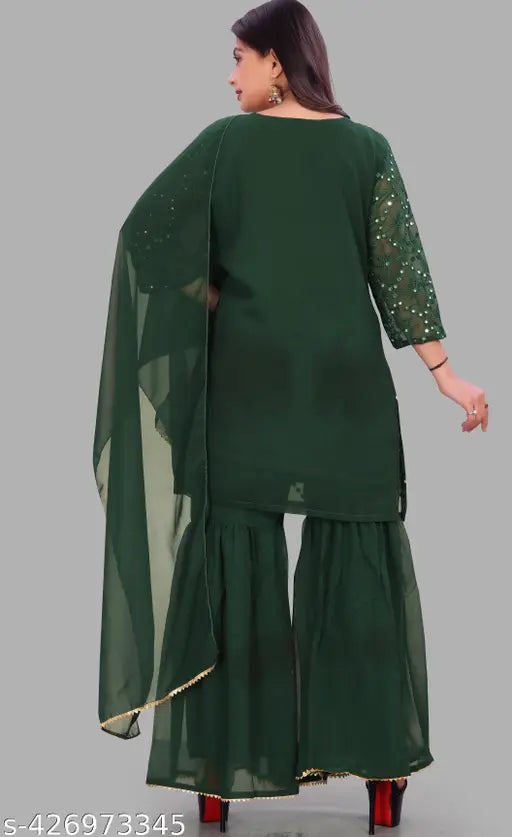 Green Georgette Kurti Sharara Set with Sequin Embroidery - Indian ethnic wear for weddings and parties, suitable for all seasons. Sizes: S, M, L, XL, XXL