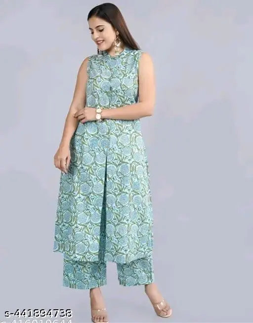 Green rayon kurta with printed net palazzo, three-quarter sleeves, Indian riyon handwork on display