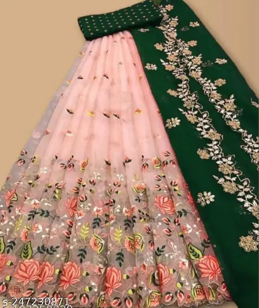Embroidered dupion silk and net lehenga choli with matching dupatta, Indian new design featuring free size (43 in waist, 44 in length) and semistitched construction for high quality