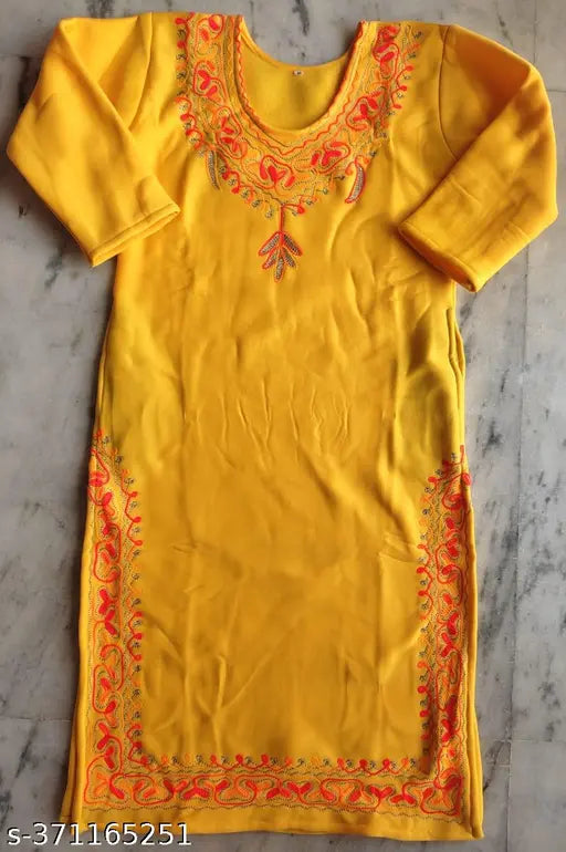 Yellow Haldi Woolen Kurti with Jari Embroidery - Indian women's woolen wear for regular, office, and casual wear