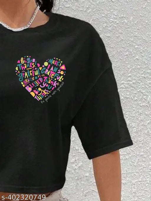 Pink Heart Crop Cotton Half Sleeve Printed T-Shirt - Loose Fit, Motivational Quotes, XS (Bust 36in, Length 27in)