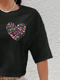 Pink Heart Crop Cotton Half Sleeve Printed T-Shirt - Loose Fit, Motivational Quotes, XS (Bust 36in, Length 27in)