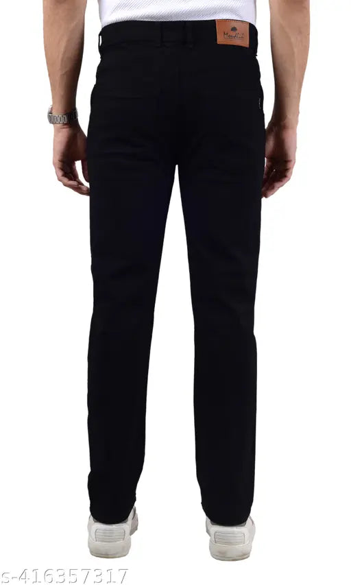 Men's black denim jeans, trendy and stylish for casual or dressed-up looks. Solid pattern, midrise fit with various sizes available (28-40), originating from India