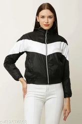 Black colorblocked polyester zipper jacket for women, long sleeves, trendy cool design. (Made in India)