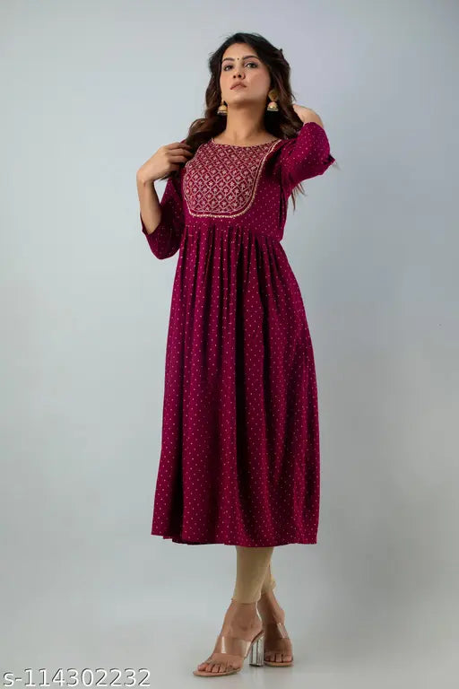 Rayon embroidery printed Anarkali kurtas for women, three-quarter sleeves, India-made partywear fashion