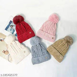Assorted color wool beanie hat with fur pompoms, warm fleece-lined for women and girls, fits various head sizes, universal head size: 1, India origin