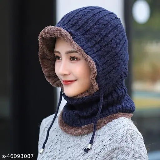 Blue fleece beanie & scarf set, warm and windproof, soft and faux fur-lined for winter wear