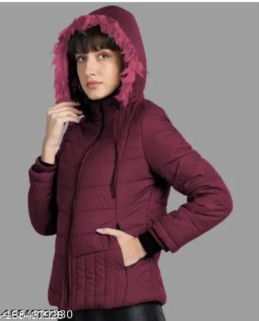 Coral maroon full sleeve solid women's puffer jacket, premium nylon for warmth and style, India-made winter wear