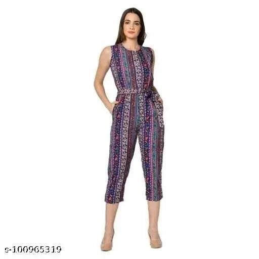 Printed crepe sleeveless jumpsuit for women, trendy style from Alif Enterprises. Made in India