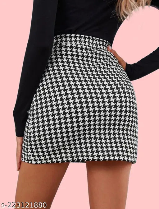 Printed black pencil skirt with net pattern, polyester fabric for women, size 26, 30, 32, 34, or 36, Indian origin