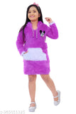 Purple wool self-design hooded sweater with attached cap for girls, size 1-2 years, made in India
