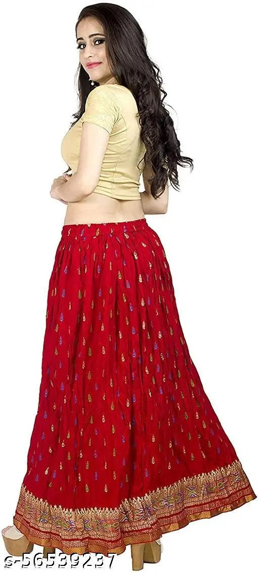 Rayon computer skirt, printed net long full-length red skirt for women, free size up to waist 26" to 40", hand and machine washable