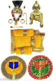 Brass Idol Laddu Gopal Murti with Shringar Set, handcrafted in India, includes mukut, malas, bansuri, asan, and 2 dresses for Krishna