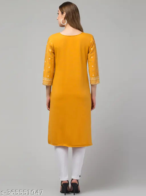 Yellow woolen A-line kurta with printed combo, three-quarter sleeves. Handcrafted Indian fashionwear