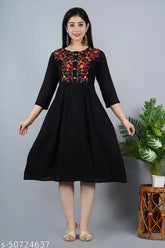 Rayon embroidered Anarkali kurti with 3/4 sleeves, vibrant Indian women's fashion