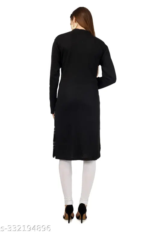 Mandarin red A-line wool kurti set, ethnic motif print, long sleeves. Coziest and warm women's Indian wear in XL size. Pack of 3 from Blussh Collection on Gillkart." (124 characters)