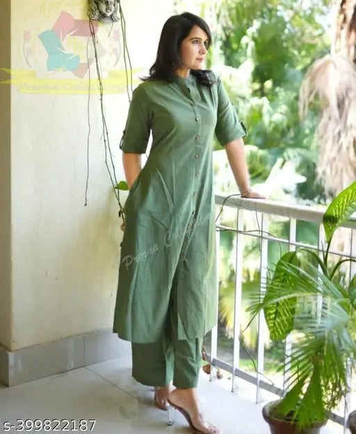 Women's cotton kurta palazzo set, solid net, pack of 2, three-quarter sleeves