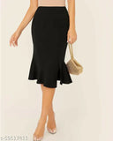 Black cotton blend solid trumpet skirt for women, contemporary casual fashion, party-ready attire with sizes 26-36