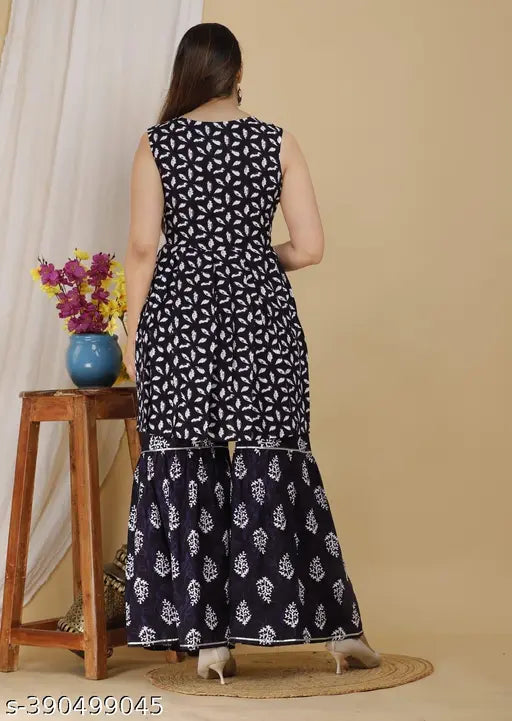 Rayon kurta set with sharara and dupatta, printed, sleeveless, India-origin fashion for women
