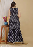 Rayon kurta set with sharara and dupatta, printed, sleeveless, India-origin fashion for women