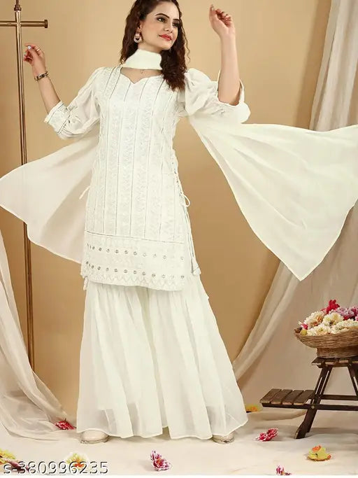 Georgette women's side tie-up kurta sharara set with sequins embellishment, solid pattern