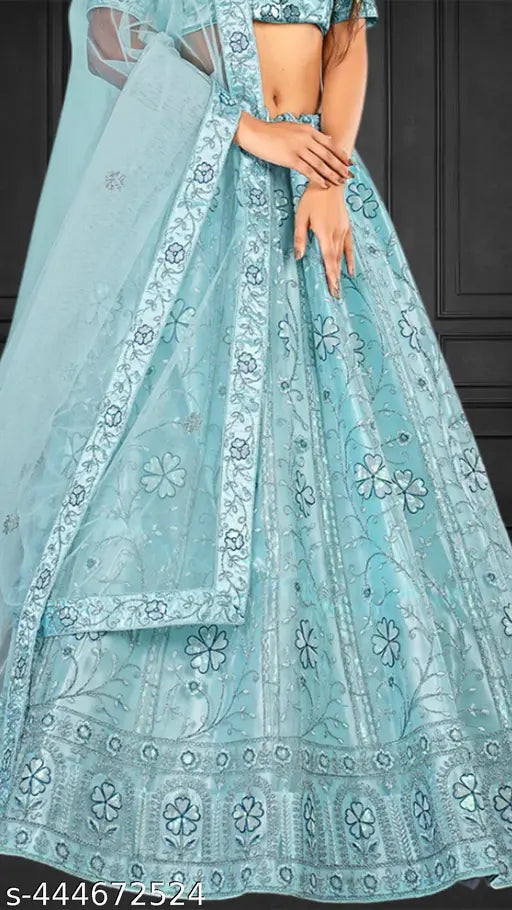 Sky Blue Embroidered Net Semi-Stitched Lehenga Unstitched Blouse & Dupatta - Indian Ethnic Wear, Partywear Lehenga Choli with Extra Inner, Free Size, 2.5 Meter Dupatta Length
