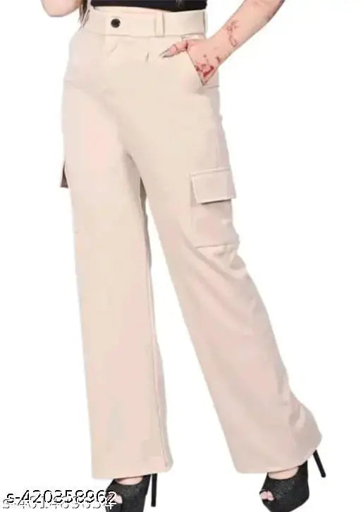 Cream cotton blend cargo pants for women, high-rise design with slanted inset pocket and patch flap, suitable for casual and formal wear