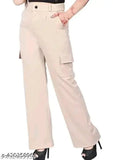 Cream cotton blend cargo pants for women, high-rise design with slanted inset pocket and patch flap, suitable for casual and formal wear