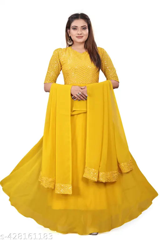 Vidhi yellow georgette anarkali dress with embroidery, full sleeves, and size tag (S-XXXL). Indian traditional attire on hanger