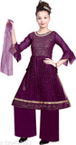 Purple Georgette Nayra Cut Sharara Style Kurti Palazzo with Dupatta for Kids, embellished A-line suit for festive wear