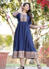 Navy blue rayon anarkali kurti with three-quarter sleeves, printed border design