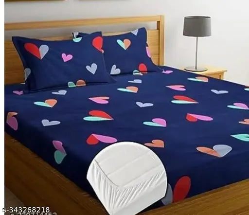 Cotton blend deep-pocket fitted double bedsheet with 2 pillow covers (90x90", 78x72"), machine washable, ideal for summer, multi-color