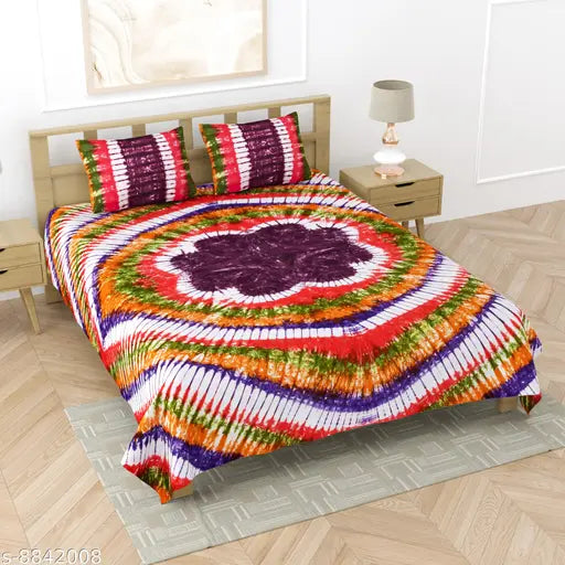 Jaipuri pure cotton spiral tie & dye double bed sheet with 2 stitched pillow covers, vibrant multi-colored design, ideal for contemporary bedrooms