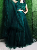 Green Jute-Silk Lehenga Choli with Embroidered Net Dupatta, perfect for Indian weddings or functions