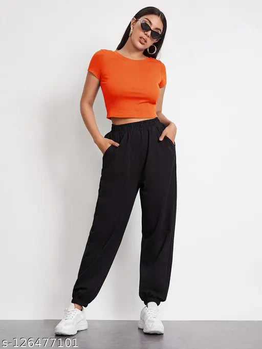 Women's cotton-blend half sleeve crop ribbed top, solid net pattern - M (bust 38in, length 40in), India