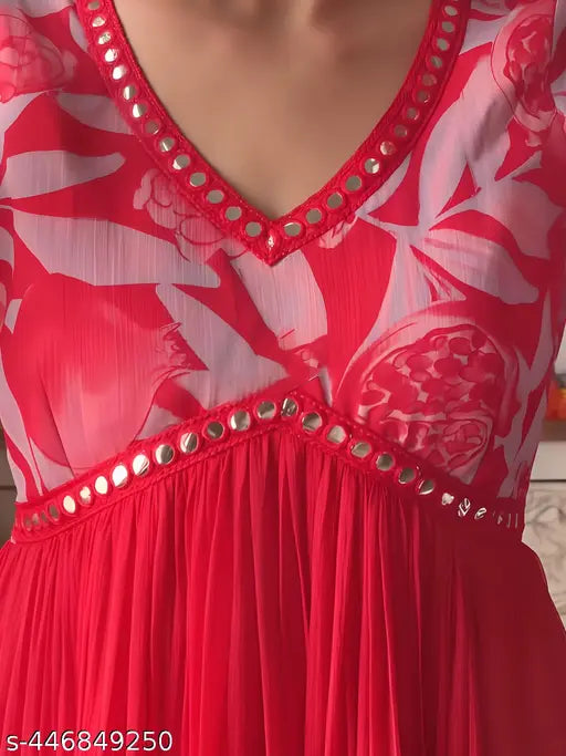 Elegant red Georgette Anarkali kurta with floral print, full sleeve and Georgette dupatta - Indian festive wear for women" (125 characters)