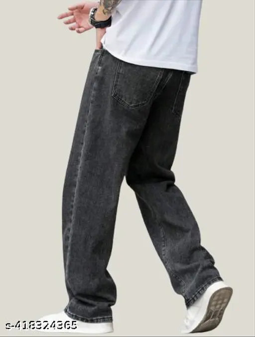 Grey men's denim baggy pants, solid pattern, size 28/30/32, made in India