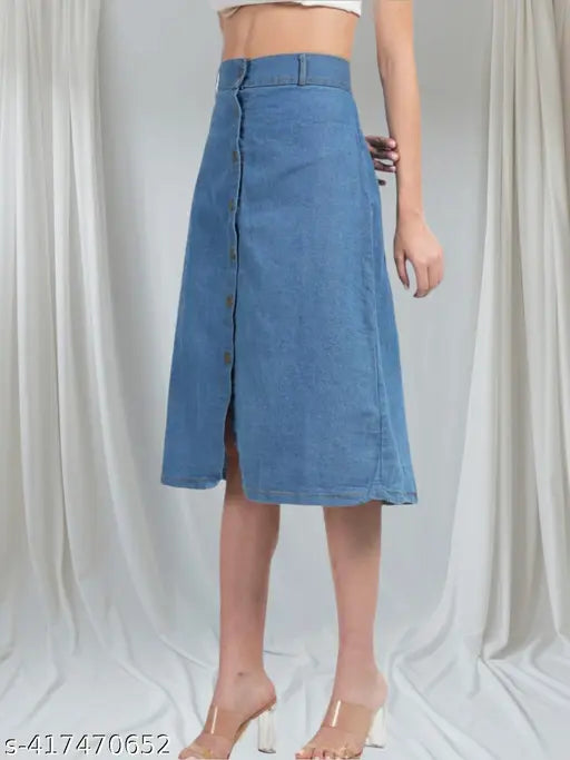 Denim, western-stylish light flared mini skirt for women, plain fabric with solid pattern