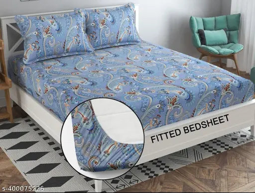 Fine cotton, botanical-patterned elastic fitted bedsheet. Ideal for summer, double size with 2 pillow covers