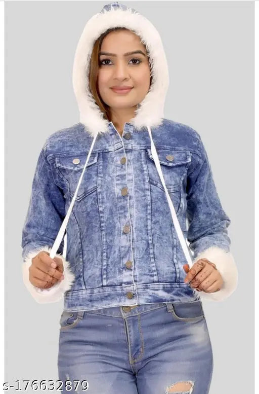 Stylish long-sleeved solid denim huddy jacket for women (India), XS - M sizes available