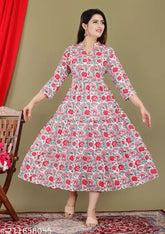 White cotton anarkali printed kurti for women, three-quarter sleeves, India origin