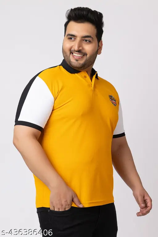 Large size, colorblocked polo neck t-shirt for men in vibrant contrasting panels. Made of polycotton fabric, short sleeves, available in sizes M, L, XL, XXL, 3XL, 4XL, 5XL. Made in India