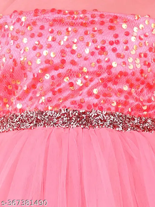 Pink net party dress for kid girls, embellished hi-low sleeveless style, trendy knee length, hand wash recommended, made in India