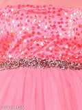 Pink net party dress for kid girls, embellished hi-low sleeveless style, trendy knee length, hand wash recommended, made in India