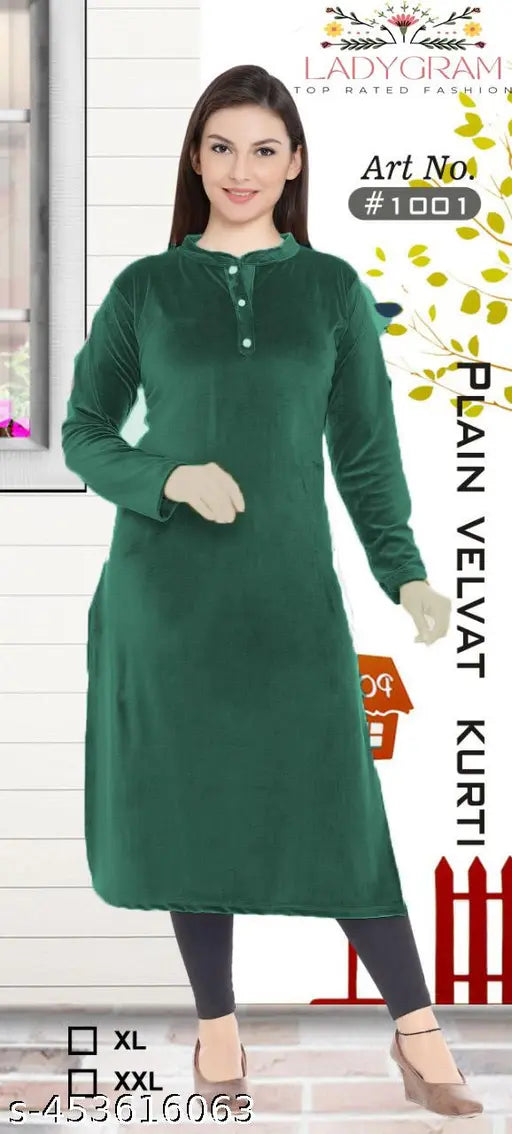 Green velvet winter kurti for ladies, premium soft fabric with side pockets and knee length