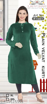 Green velvet winter kurti for ladies, premium soft fabric and side pockets